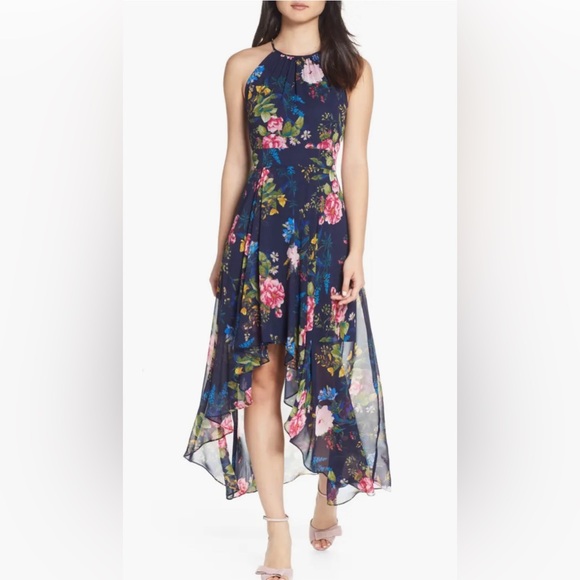 NWT Eliza J Navy Floral Print Chiffon High/Low Halter Midi Dress - Picture 2 of 14